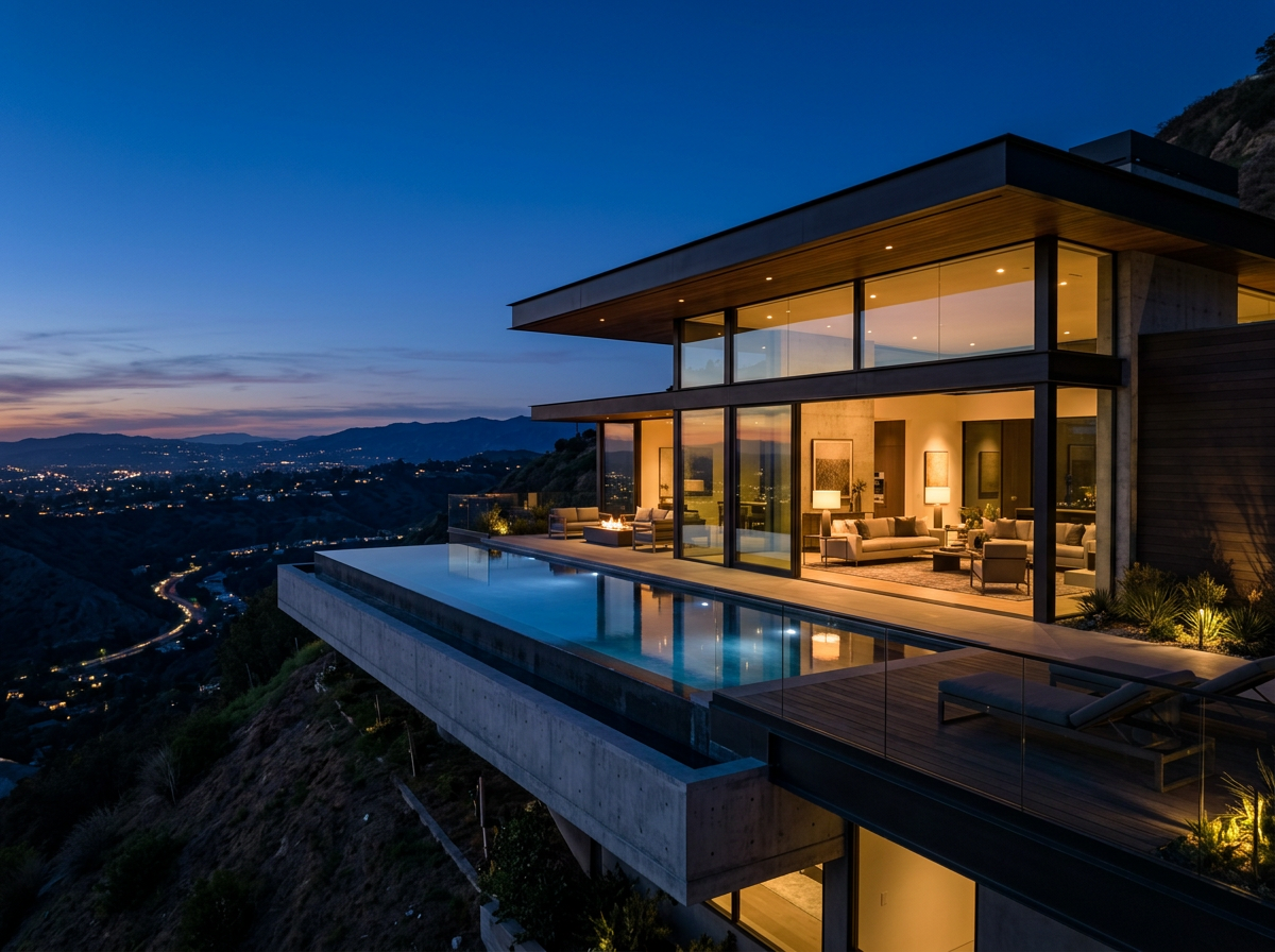 A modern luxury hillside estate at dusk with warm interior lighting overlooking a valley.