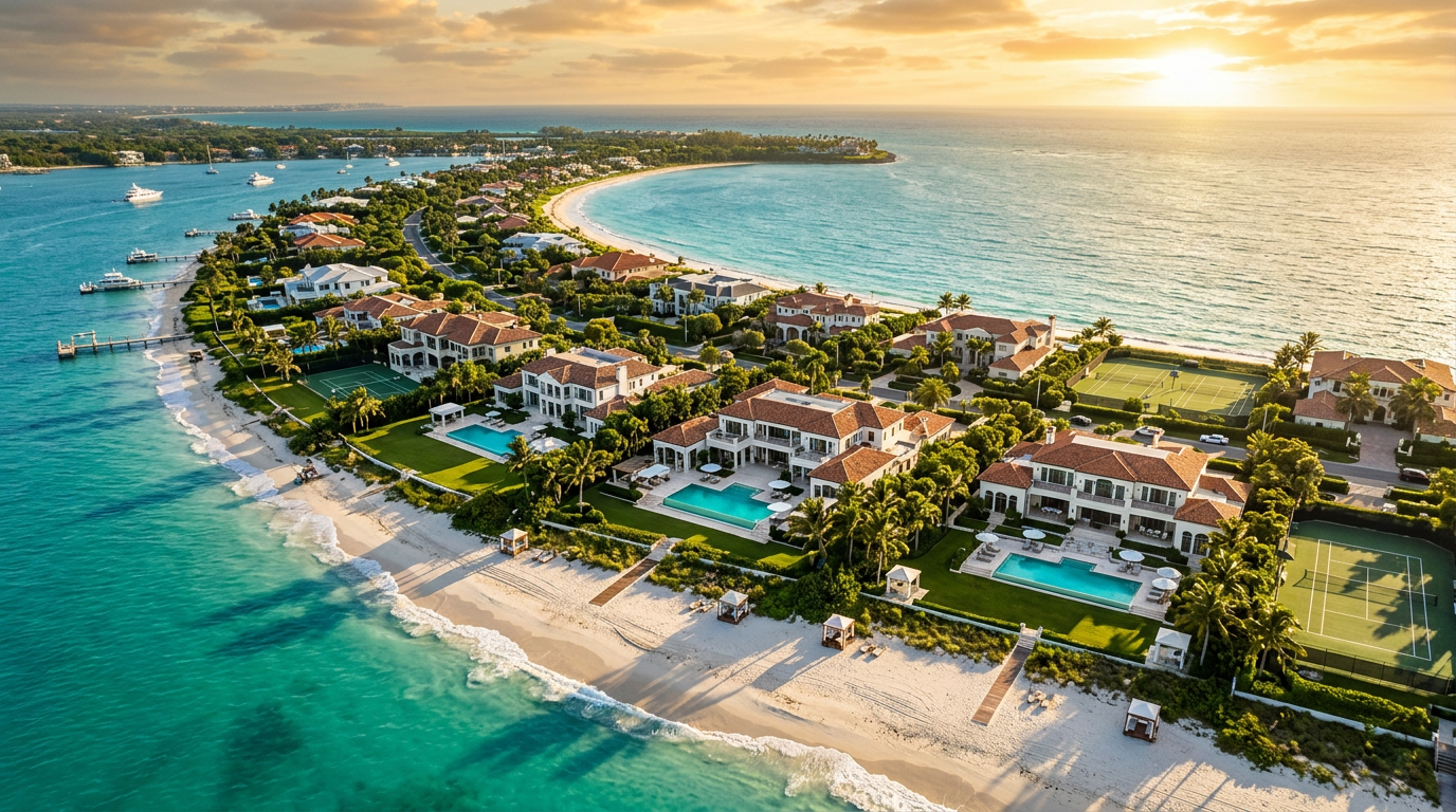 Aerial photograph of premium coastal investment properties at golden hour.